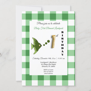 Green Fish & Gingham Gold Balloon 1st Birthday Invitation