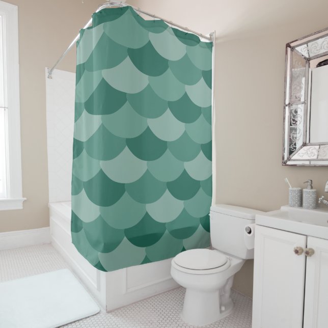 Green Fish Scales Print Shower Curtain (In Situ)