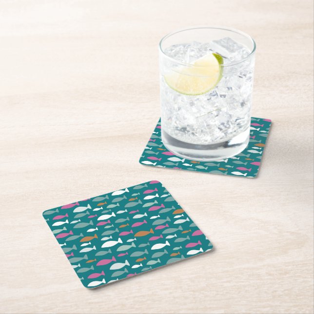 Green Fish Shoal Square Paper Coaster (Insitu)