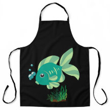 Green fish with bubbles and aquatic plants