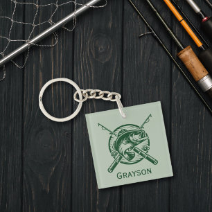 Green Fisherman Pole and Fish Personalised Key Ring