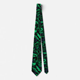 Green Fishes Pattern 10.w Black BG Tie