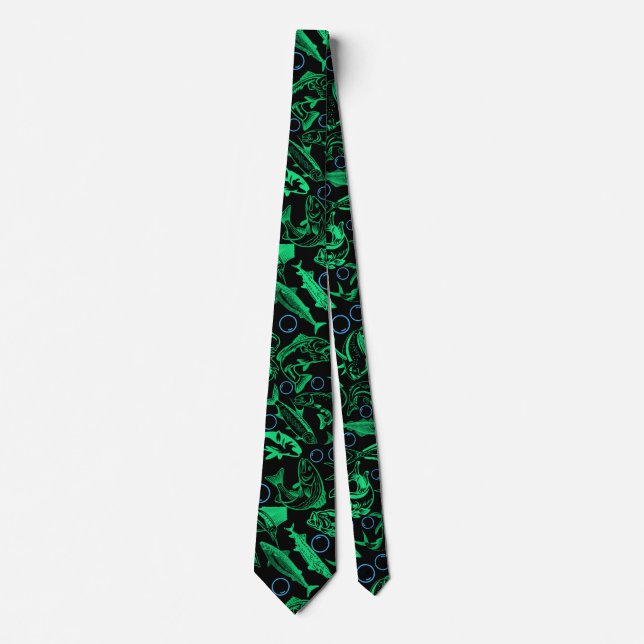 Green Fishes Pattern 10.w Black BG Tie (Front)