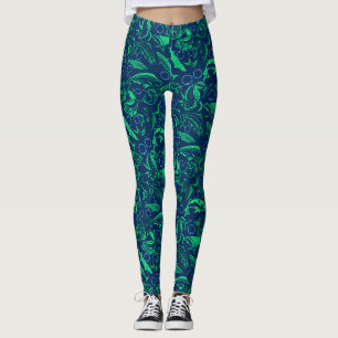 Green Fishes Pattern 10.w D Blue BG Leggings
