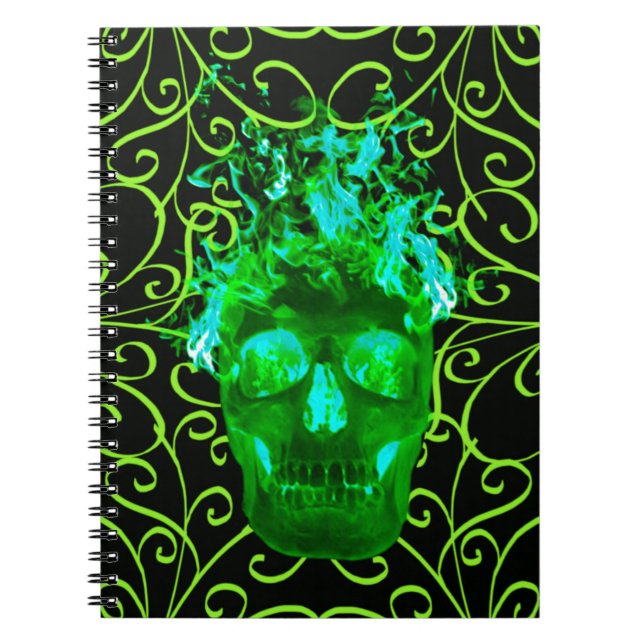 Green Flame Skull Spiral Notebook (Front)