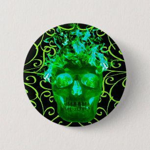 Green Flaming Skull Button