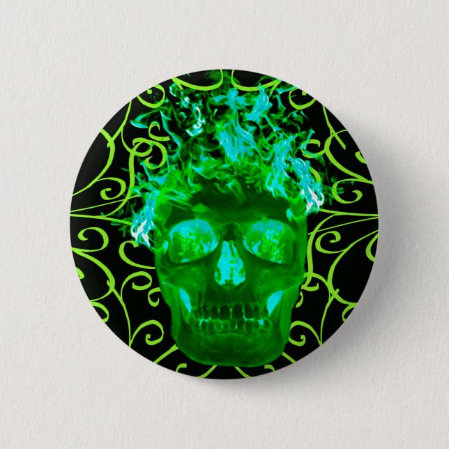 Green Flaming Skull Button (Front)