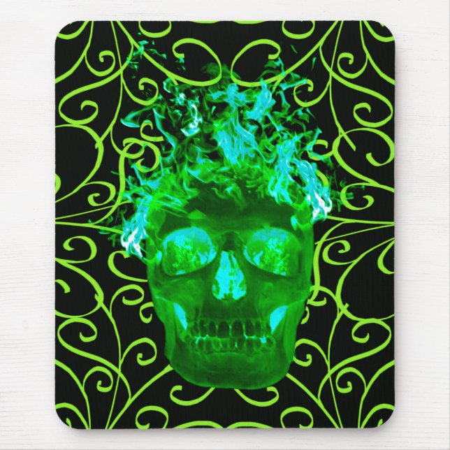 Green Flaming Skull Mouse Pad (Front)