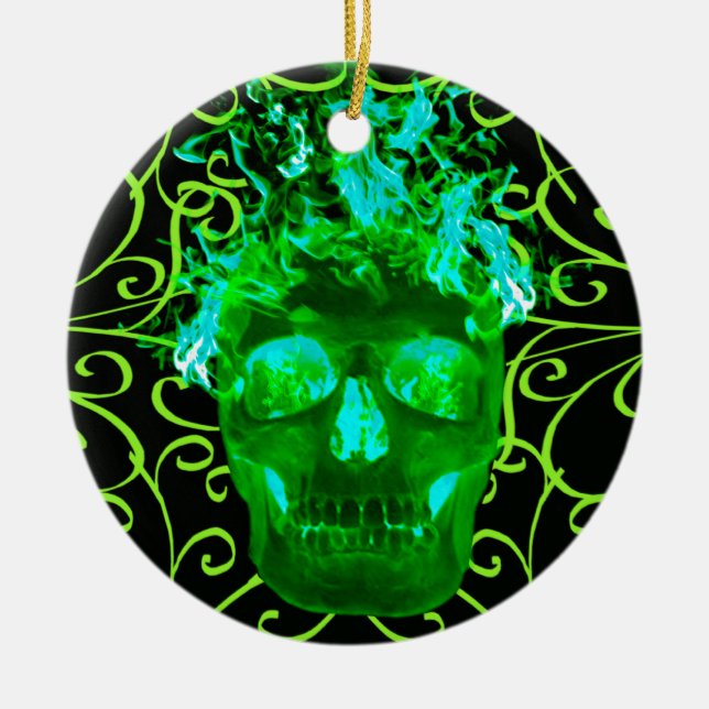 Green Flaming Skull Ornament (Front)