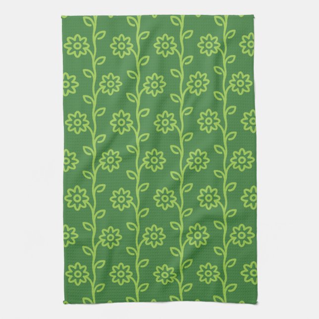 Green Flat Flower Garden Pattern Tea Towel (Vertical)
