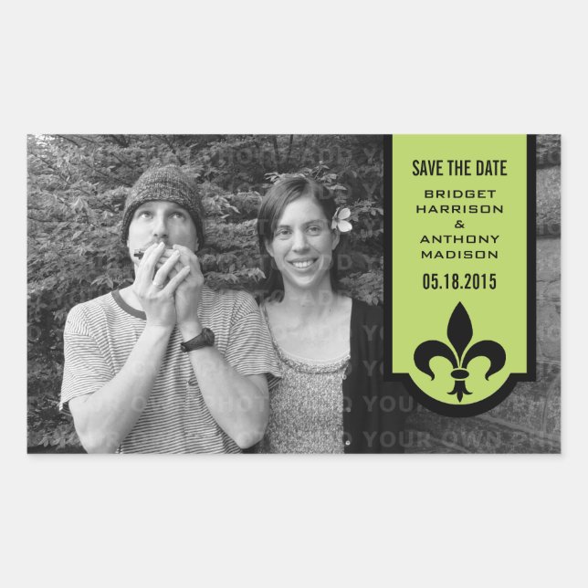 Green Fleur De Lis Banner Save the Date Stickers (Front)