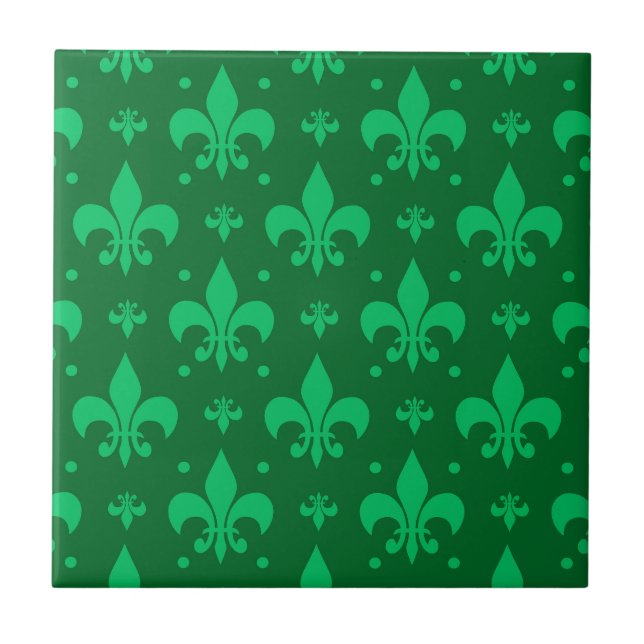 Green Fleur-de-lis Pattern Design  Ceramic Tile (Front)