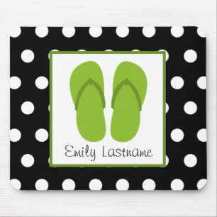 Green Flip Flops / Black With White Polka Dots Mouse Pad