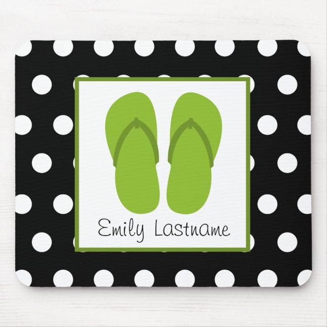 Green Flip Flops / Black With White Polka Dots Mouse Pad (Front)