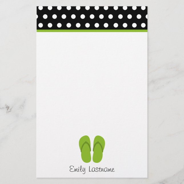 Green Flip Flops / Black With White Polka Dots Stationery (Front)