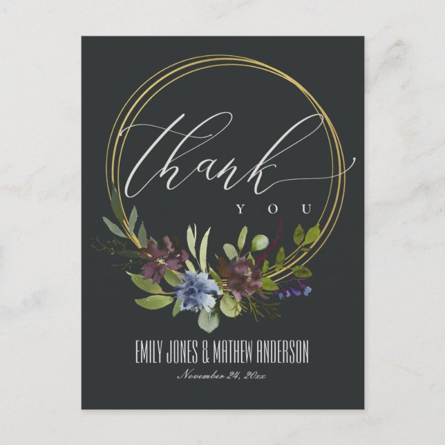 GREEN FLORA FOLIAGE BLACK WREATH WEDDING THANK YOU POSTCARD (Front)