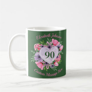 Green Floral 90th Birthday Mug for Women