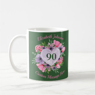 Green Floral 90th Birthday Mug for Women