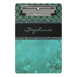 green floral and green faux glitter stripe mini clipboard