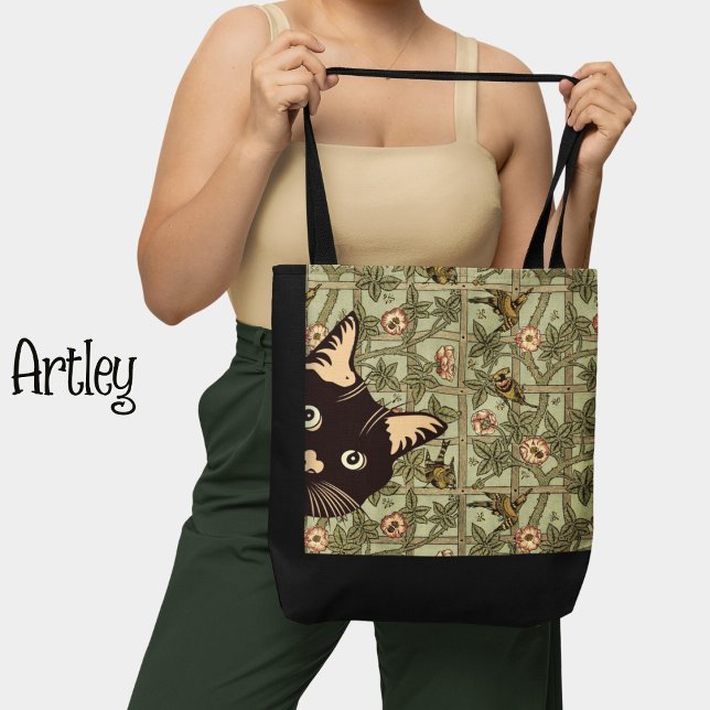 Green Floral Art Nouveau Funny Peeking Cat Birds  Tote Bag (Creator Uploaded)