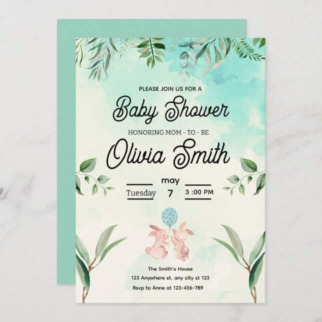 Green Floral Baby Shower, Spring Baby Shower  Invitation (Front/Back)