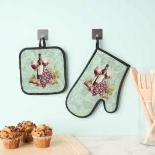 Green Floral Background, Wine Bottle, Glass Grapes Oven Mitt & Pot Holder Set