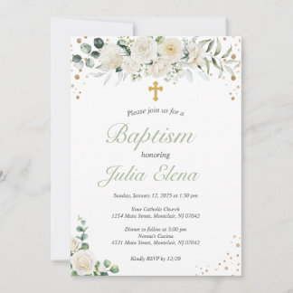 Green Floral Baptism Invitation