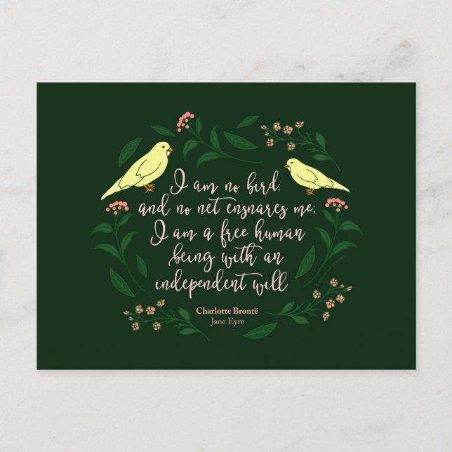 Green Floral Bird Charlotte Bronte Jane Eyre Quote Postcard (Front)
