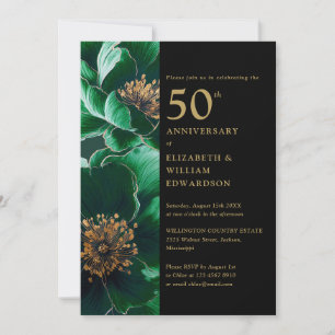 Green Floral Black And Gold Chic 50th Anniversary Invitation