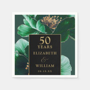 Green Floral Black And Gold Chic 50th Anniversary Napkin