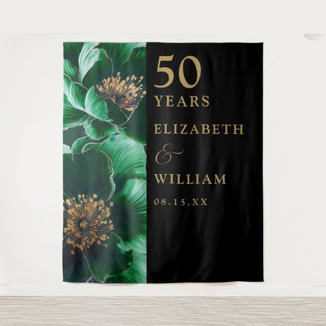 Green Floral Black Gold 50th Anniversary Backdrop Tapestry (Front)