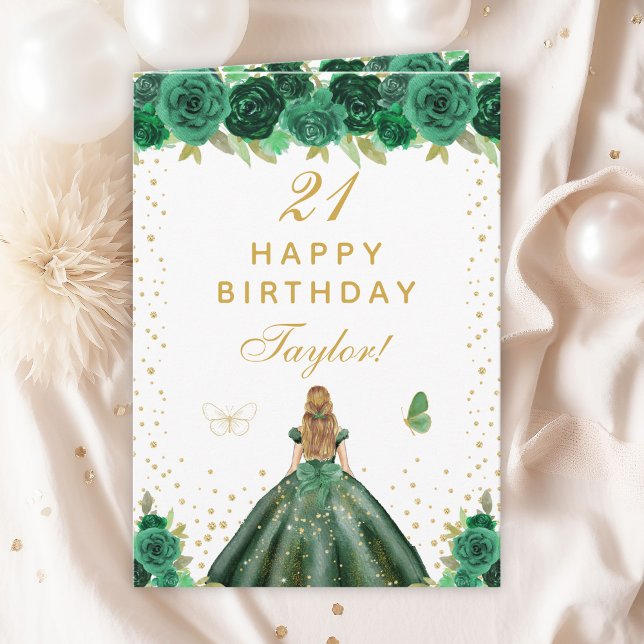 Green Floral Blonde Hair Girl Happy Birthday Card (Creator Uploaded)