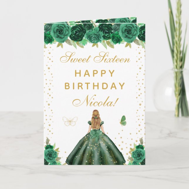 Green Floral Blonde Hair Girl Sweet Sixteen Card (Front)