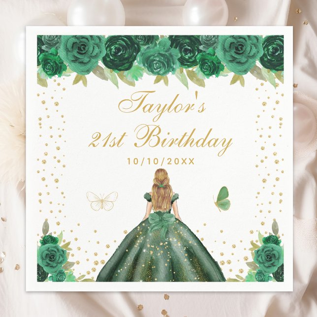 Green Floral Blonde Hair Princess Birthday Party Napkin (Creator Uploaded)