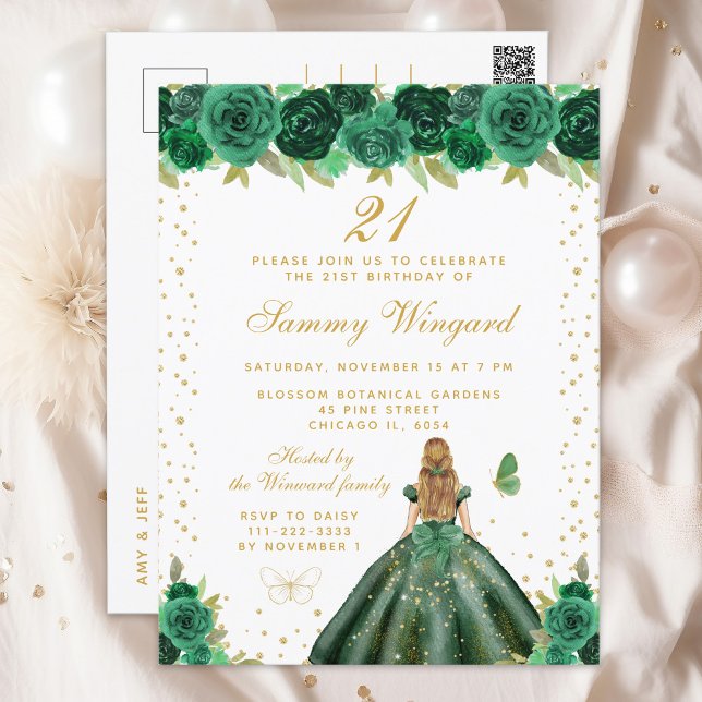 Green Floral Blonde Hair Princess Birthday Party Postcard (Creator Uploaded)