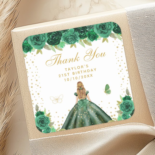 Green Floral Blonde Hair Princess Birthday Party Square Sticker (Creator Uploaded)