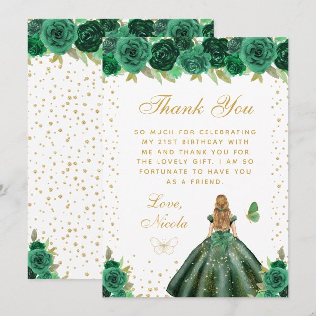 Green Floral Blonde Hair Princess Birthday Party Thank You Card (Front/Back)