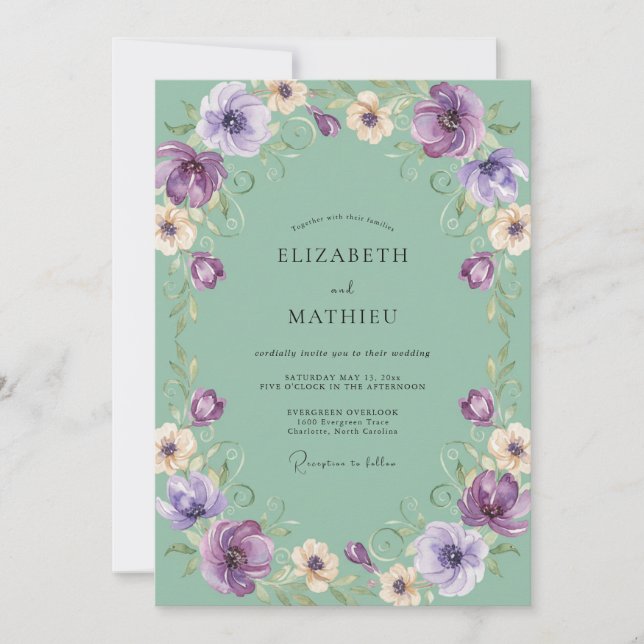 Green Floral Blossom Wedding Invitation (Front)