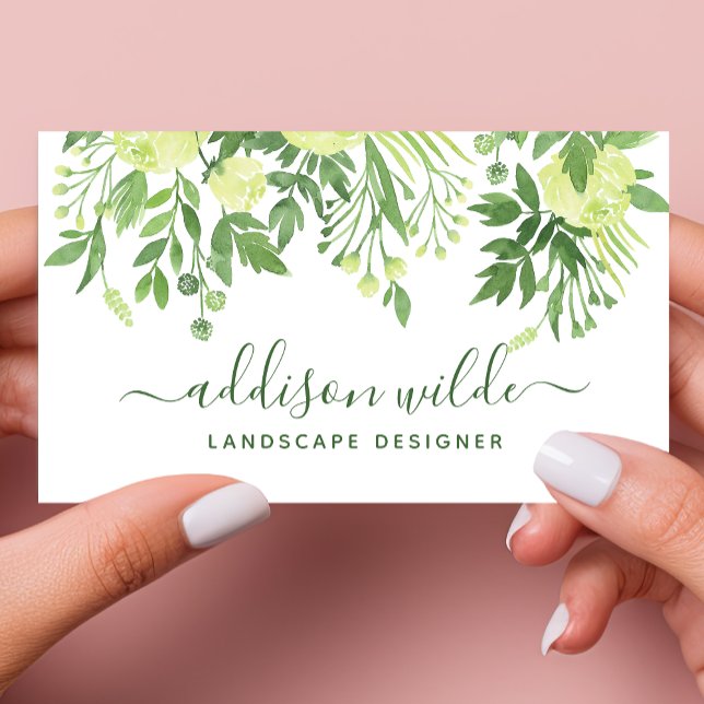 Green Floral Botanical Greenery Modern Elegant Business Card (Creator Uploaded)