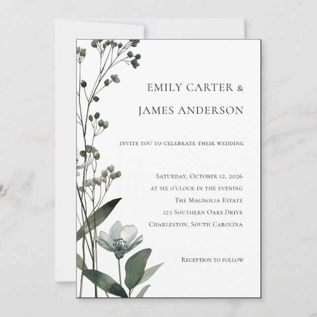 Green Floral Botanical Wedding Invitation (Front)