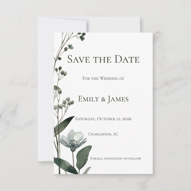 Green Floral Botanical Wedding Save The Date (Front)