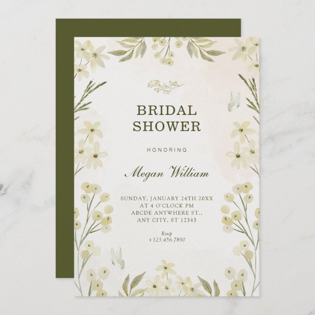 Green floral bridal shower invitation (Front/Back)