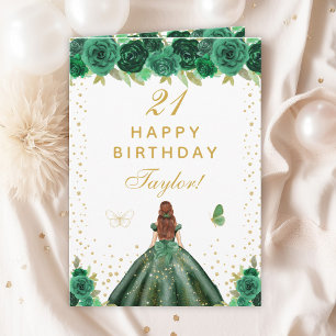 Green Floral Brown Hair Girl Happy Birthday Card
