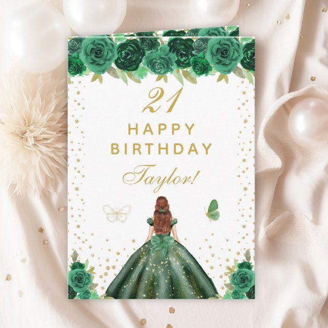 Green Floral Brown Hair Girl Happy Birthday Card (Creator Uploaded)