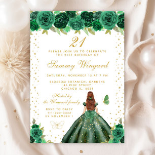 Green Floral Brown Hair Princess Birthday Party Invitation