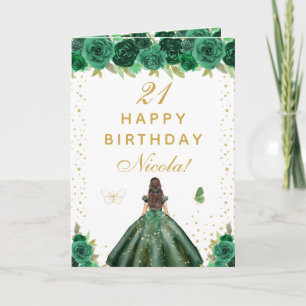 Green Floral Brunette Hair Girl Birthday Card