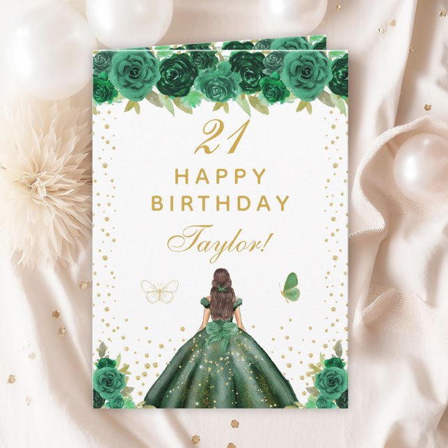Green Floral Brunette Hair Girl Happy Birthday Card (Creator Uploaded)