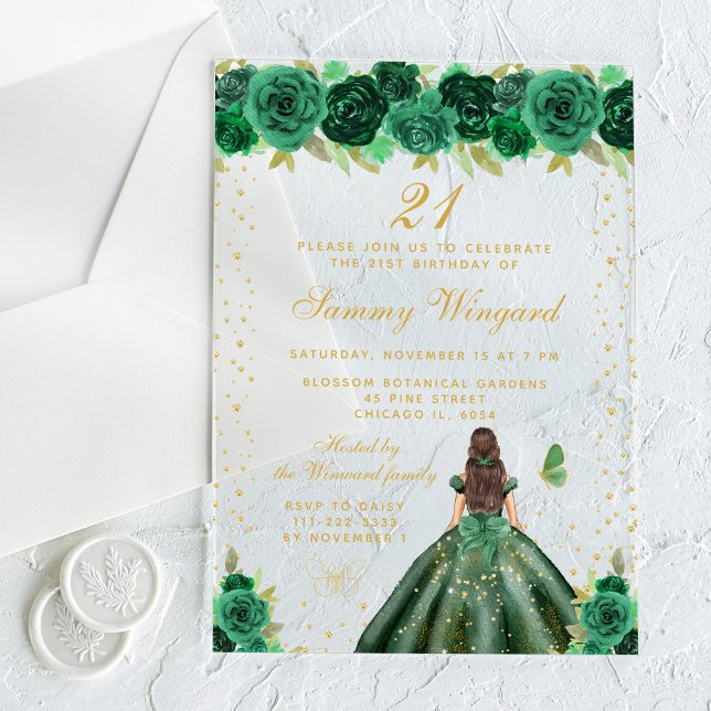 Green Floral Brunette Hair Princess Birthday Party Acrylic Invitations (Creator Uploaded)