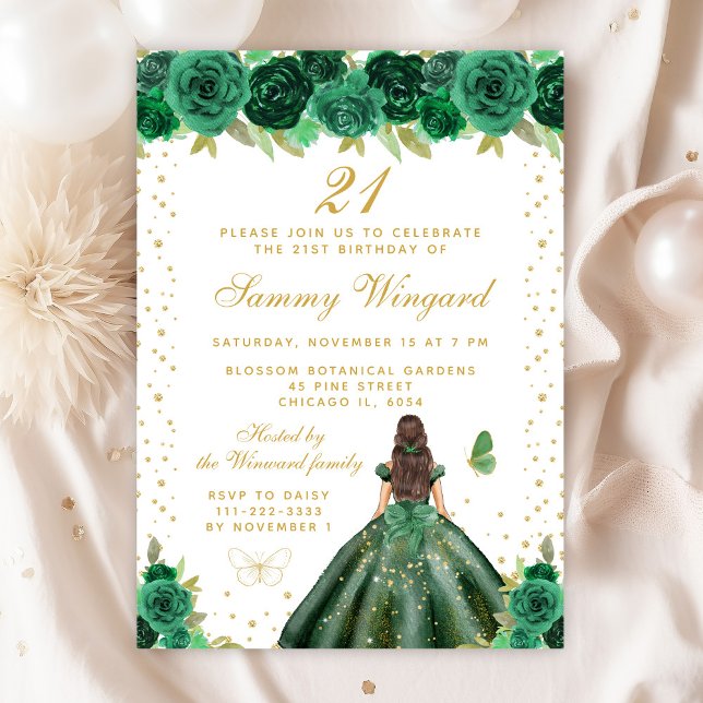 Green Floral Brunette Hair Princess Birthday Party Invitation (Creator Uploaded)