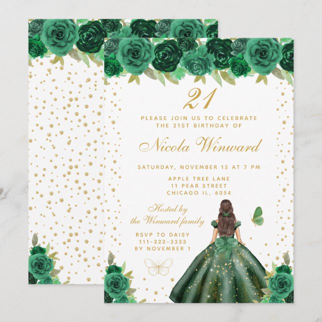 Green Floral Brunette Hair Princess Birthday Party Invitation (Front/Back)